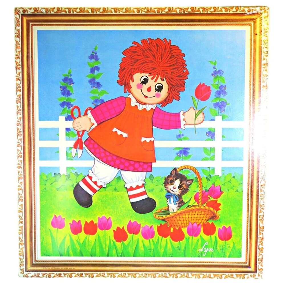 Raggedy Ann Tulips Cat Corkboard Wall Plaque Vintage 1970s Soroka Stapco Lyn NOS